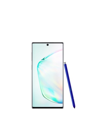 Front-facing shot of an upright Galaxy Note10 with an S Pen leaning on the side of it