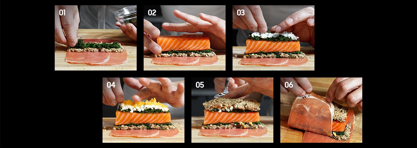 Appointed chef by blue ribbon awards shows how to make the stuffing on top of each layer.