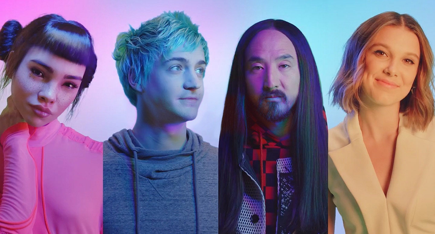 #TeamGalaxy group photo featuring (LTR): Lil' Miquela, Ninja, Steve Aoki and Millie Bobby Brown.