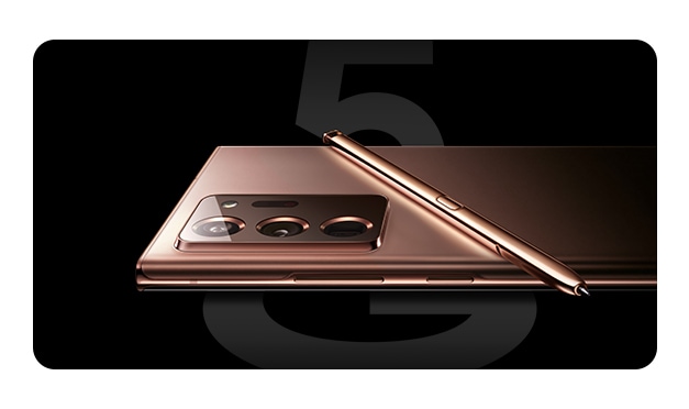 Galaxy Note20 Ultra in Mystic Bronze laying facedown with the S Pen laying across the back