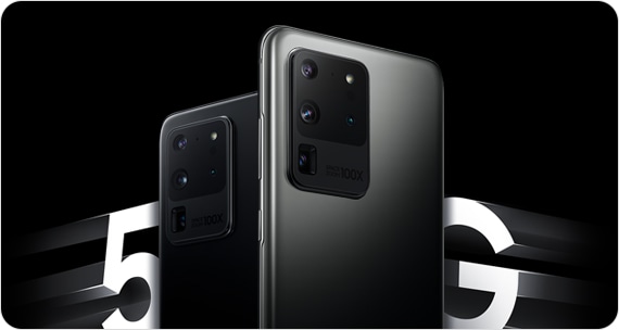 The upper halves of Galaxy S20 Ultra in Cosmic Black and Galaxy S20 Ultra in Cosmic Gray, both seen from the rear. On either side of the phones is text that says 5G, slightly blurred to represent HyperFast speeds