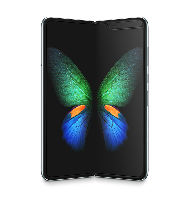 Galaxy Note8 Galaxy Fold in Space Silver seen from the front unfolded, with a green, blue, and orange butterfly graphic on-screen.