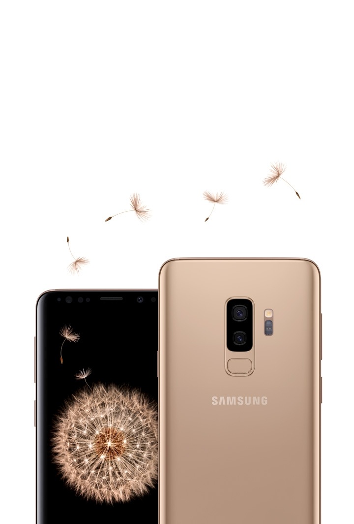 One Galaxy S9 seen from the front and Galaxy S9+ seen from the front and the rear in lilac purple. Displayed on Galaxy S9 is dandelion seeds and displayed on Galaxy S9+ is a dandelion.