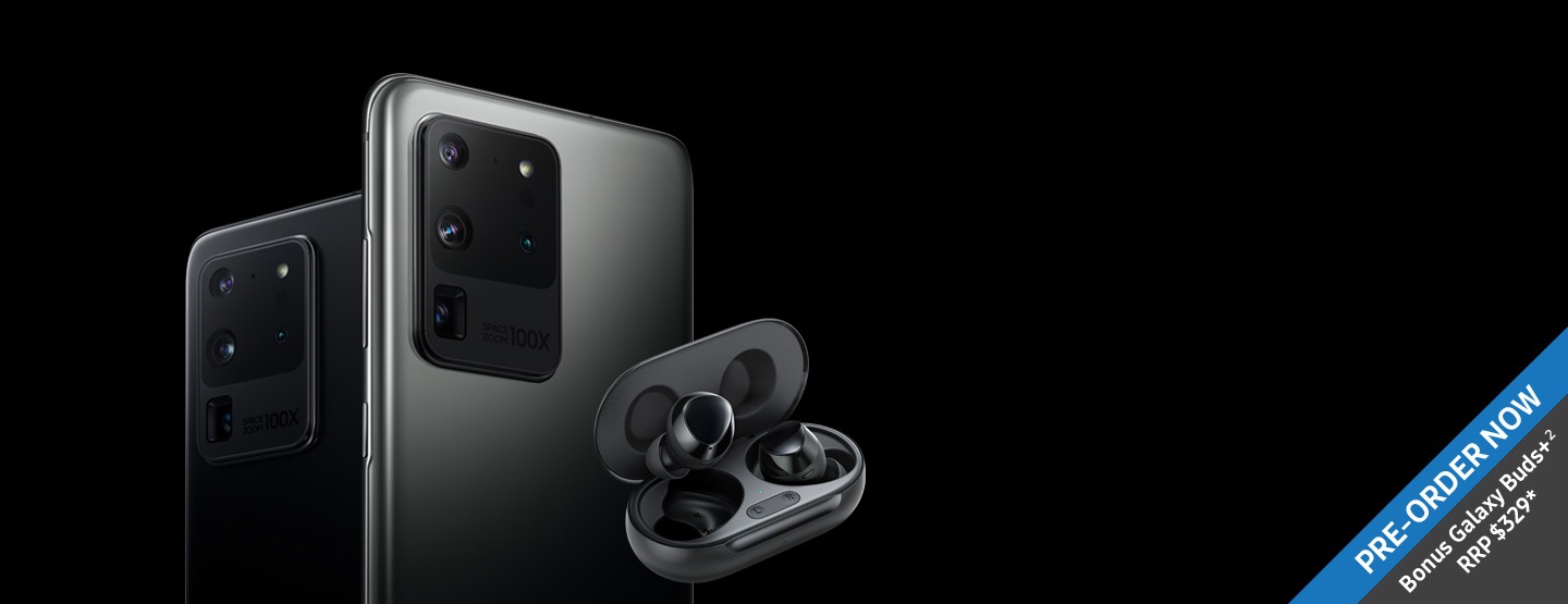 Galaxy S20 Ultra 5G Two Galaxy S20 Ultra 5G phones, one in Cosmic Black, one in Cosmic Gray, seen from the rear at three-quarter angles with a pair of Galaxy Buds+ in black overlaid.