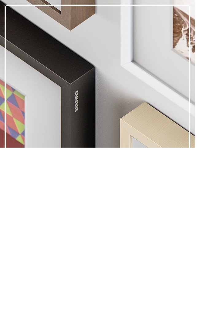 Close-up of three The Frame TV corners mounted on the wall like picture frames. Each are fitted with a customisable bezel in colors black, brown, and beige.