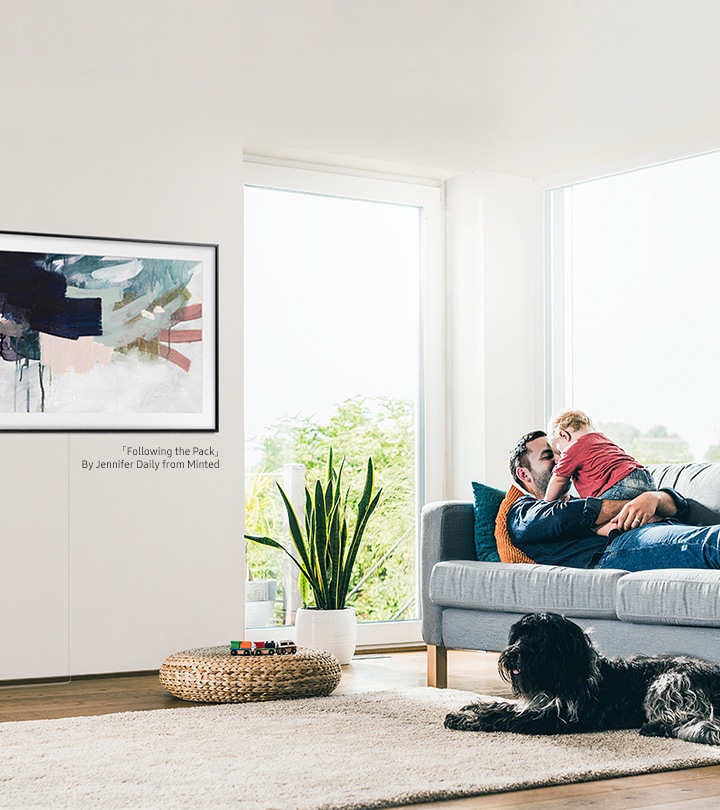 Mounted on the wall, the 2020 The Frame TV has a design that looks like a real picture frame to blend into your living room.