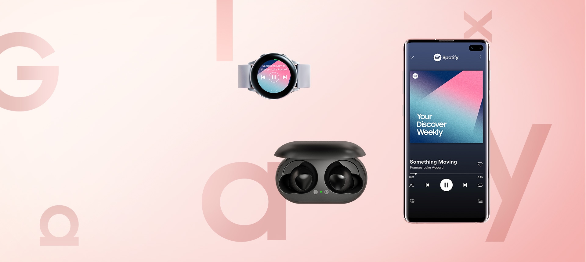 Galaxy S10 Ecosystem Introduction image. Samsung Galaxy S10 plus, Samsung Galaxy Watch Active, and Galaxy Buds. Galaxy S10 plus has the Spotify interface onscreen, playing a song from the “Your Discover Weekly” playlist. Galaxy Watch Active has the Spotify watch app interface onscreen, displaying the same song.