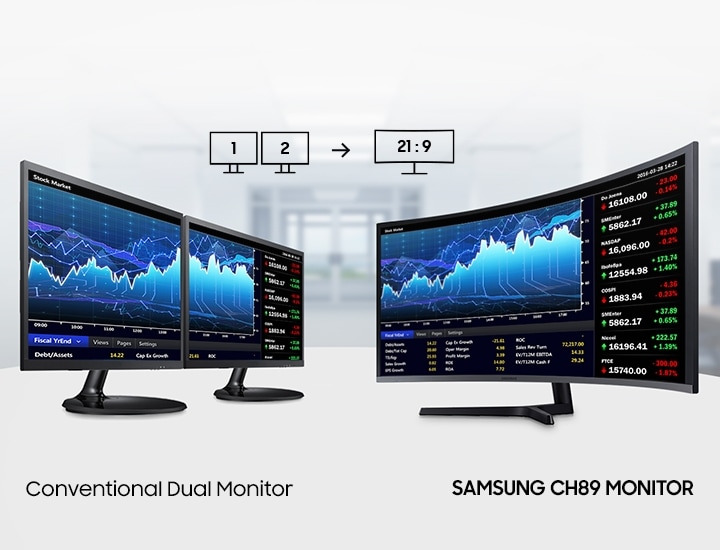 It shows a description of the wide-wide monitor that gives you the experience of using two monitors as one.On the left are two general monitors and a Conventional Dual Monitor text mark, on the right are Samsung CH89 Monitor Images and Text.
