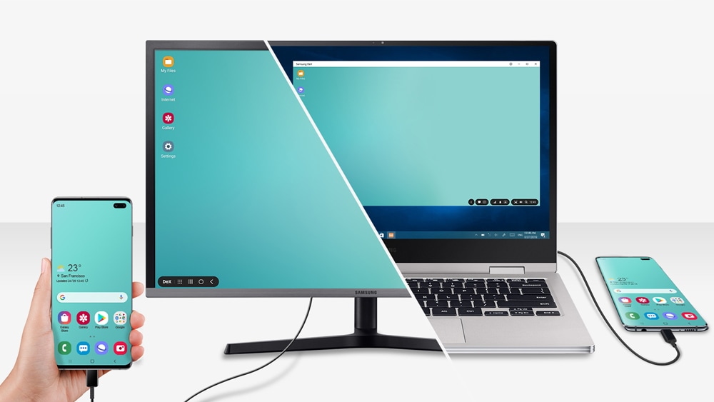An split screen image showing an S10 connected to a monitor and a laptop. An split screen image showing an S10 connected to a monitor and a laptop.