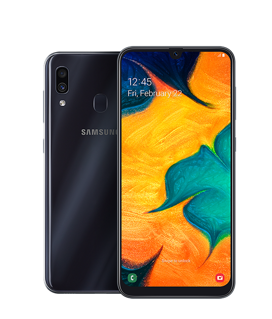 Rear-facing Galaxy A30 behind Galaxy A30 in portrait mode, with a yellow and green flower onscreen.