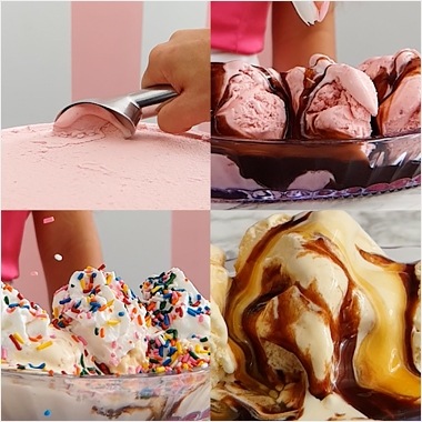 A Super Slow-mo video from BuzzFeed shot on Galaxy in a split-screen with four videos. Each video features ice cream being scooped or sauce and sprinkles being poured on, shot with the swing effect.