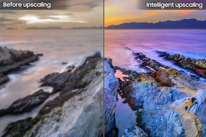 A comparison of the detail before and after the Intelligent Upscaling. The right side of the screen is the enhanced detail on Samsung Super Big TV.