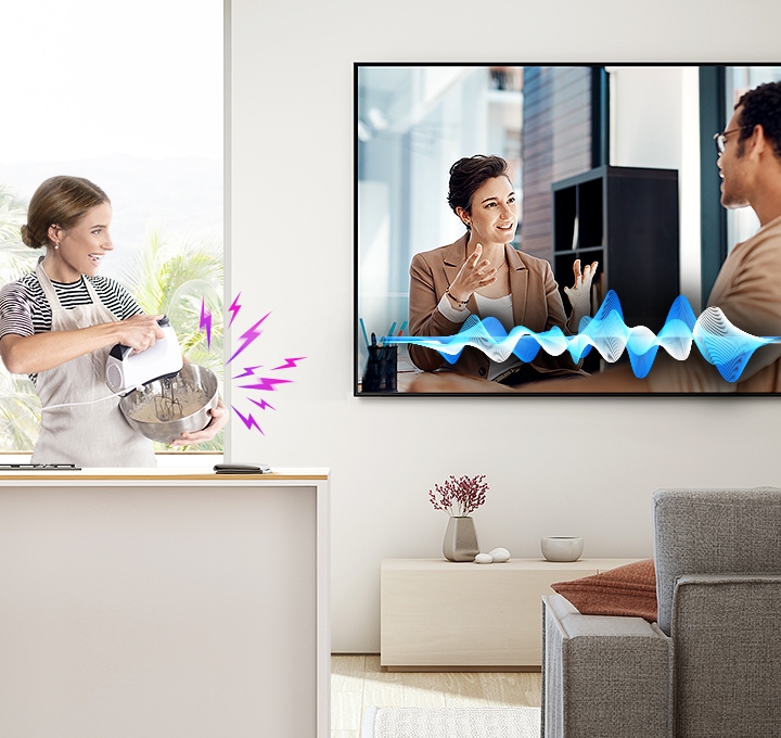 A graphic showing how Samsung QLED TVs can adapt TV sound based on environment.