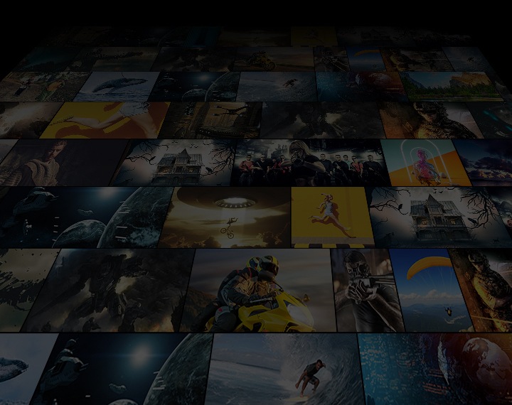 A wall of various content of what you can watch on a Smart TV is shown in the background of a black translucent foreground. In the center is white text stating "Beyond TV channels. A world of content awaits you."