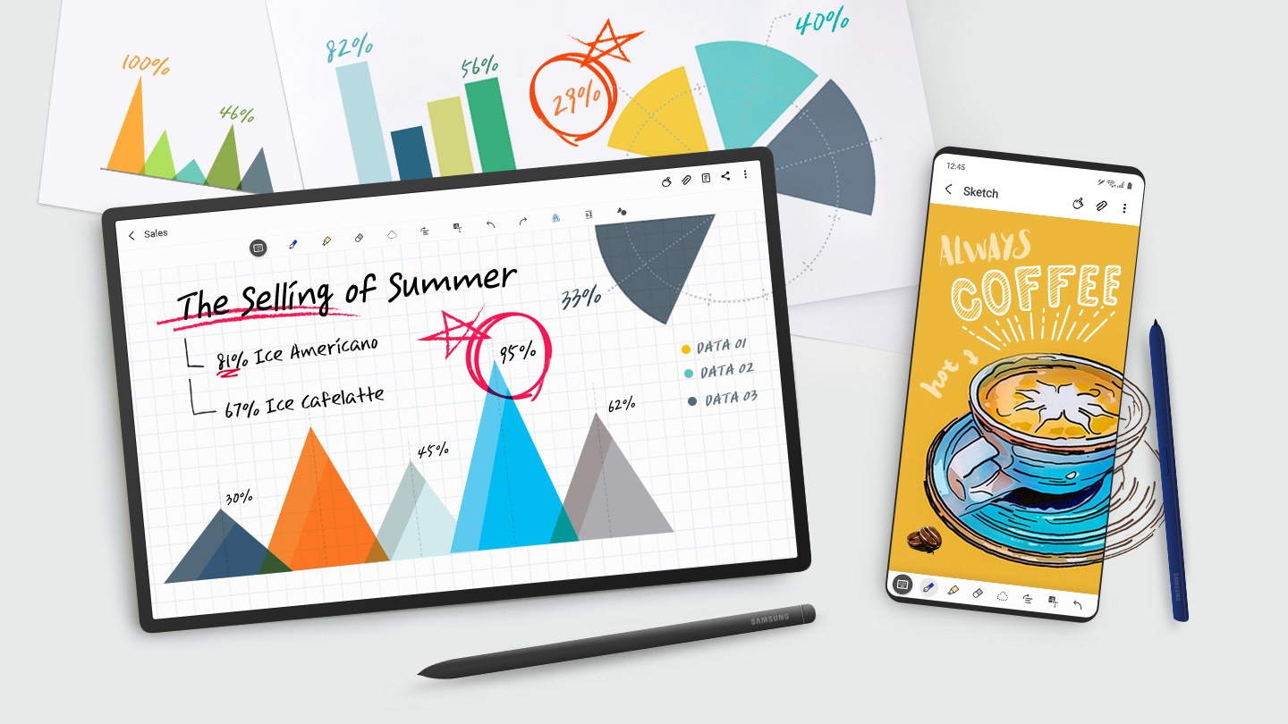 Una tableta y un teléfono con sus S Pen en un escritorio. La tableta muestra un gráfico con notas y el texto “La venta del verano”. El teléfono muestra una ilustración de una taza de café con el texto “Siempre café”.