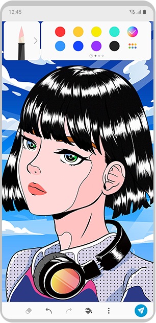 Dibujo coloreado por completo de una niña con auriculares alrededor de su cuello.