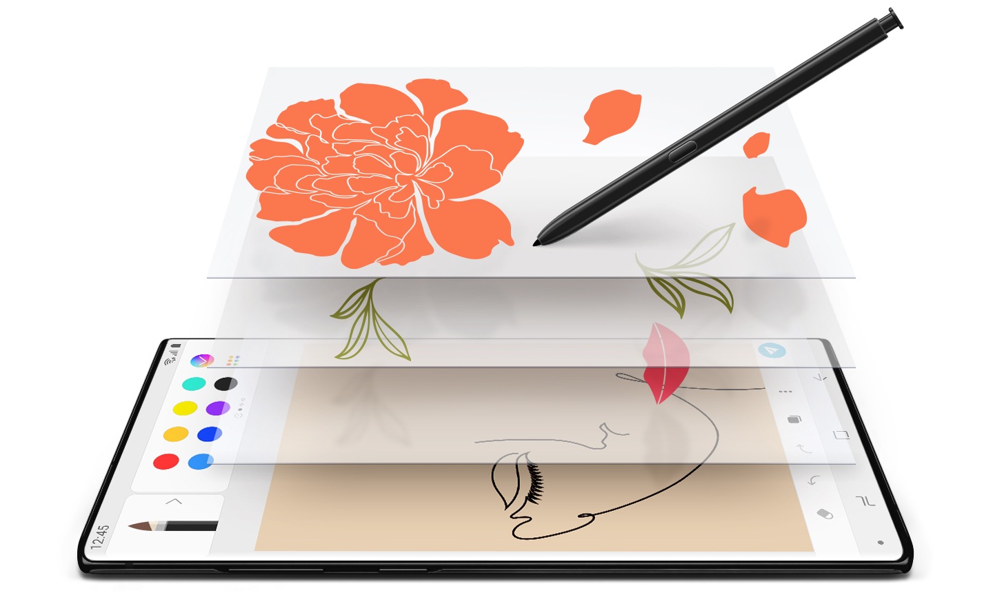 Se muestra un teléfono inteligente con el dibujo de un rostro con tres capas flotando por encima de la pantalla. La capa superior muestra una flor de crisantemo rosa. La capa intermedia muestra las hojas y la última capa flotante muestra los labios rosas.