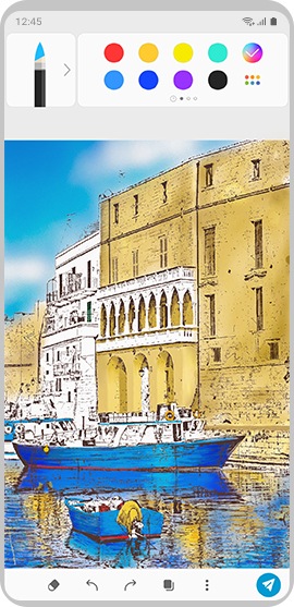Un dibujo de botes azules flotando en la escena acuática coloreada usando la aplicación PENUP.