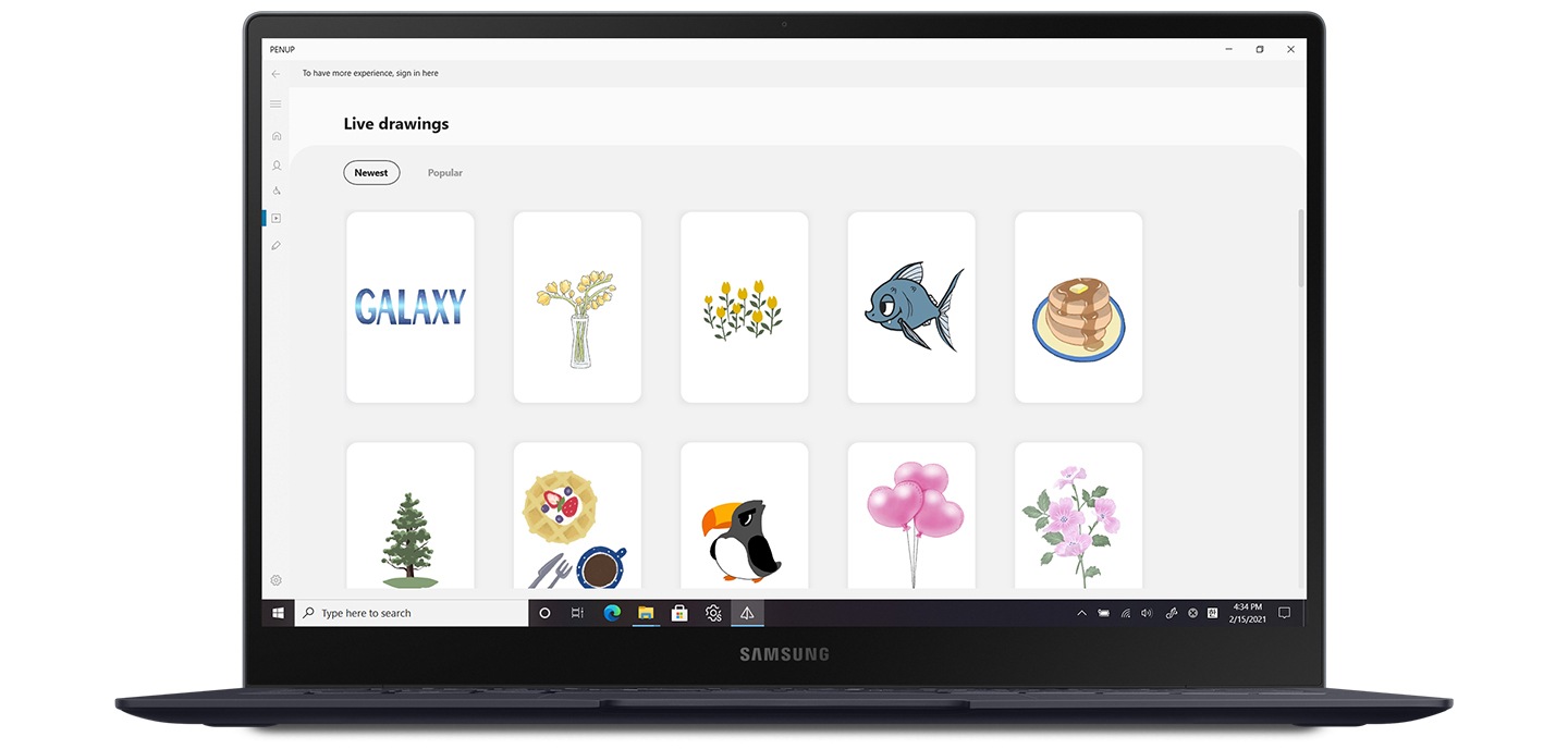 Una computadora portátil Samsung se muestra el menú “Dibujo en tiempo real” de la aplicación PENUP de Windows. La categoría “Más reciente” muestra diez piezas de arte.