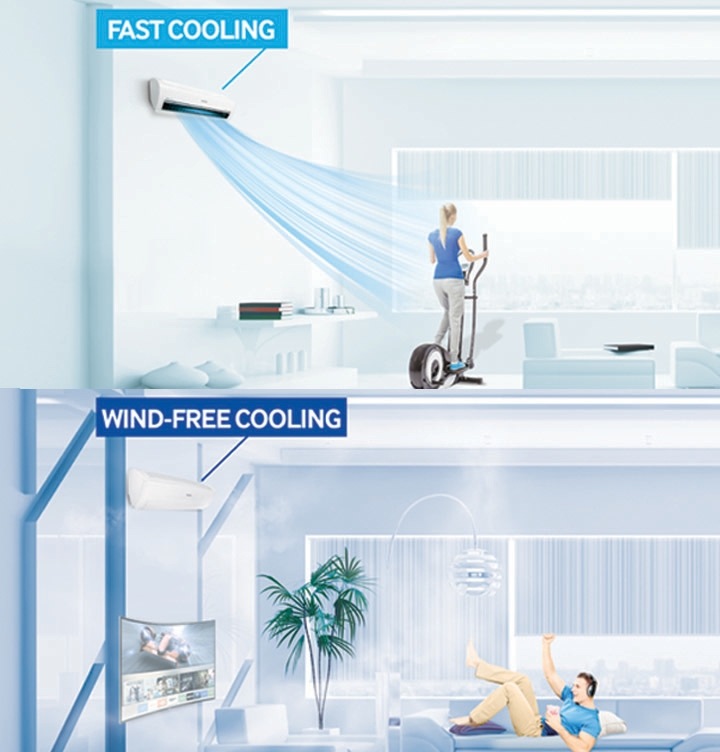 El modo de refrigeración de 2 pasos del aire acondicionado sin viento de Samsung enfría el aire en modo Frío rápido y luego, de forma automática, cambia al modo de Refrigeración sin viento para mantener la temperatura.