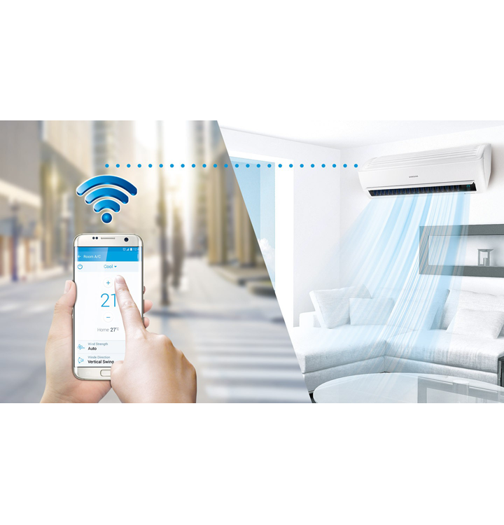 Los aires acondicionados Samsung ofrecen control Wi-Fi utilizando una aplicación Smart Home en tu teléfono inteligente, la cual te permite encenderlo y apagarlo de forma remota, controlar las funciones y programar su operación en cualquier momento y lugar.