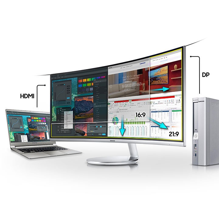 Esta imagen describe la función Picture-by-Picture, que conecta dos fuentes de entrada diferentes. A la izquierda, hay un texto que marca la conexión entre la computadora portátil y HDMI y, a la derecha, un texto que marca la conexión entre la PC y DP. Image that describes the Picture - by - Picture function, which connects two different input sources. On the left is a text that marks the connection between the laptop and HDMI, and on the right is a text that marks the connection between the PC and DP.