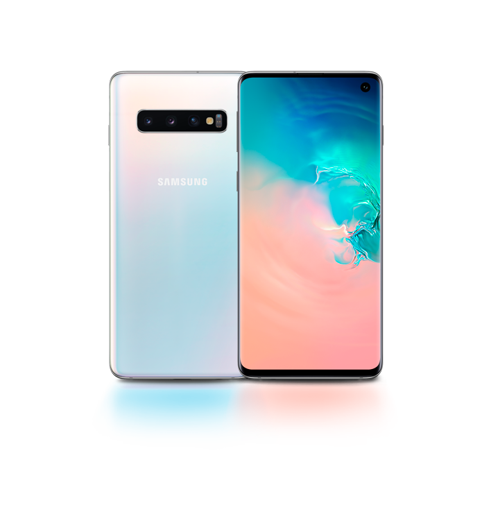 Two Galaxy S10 plus phones in Prism White, one seen from the rear and one seen from the front. The phone seen from the front has an abstract coral and blue gradient graphic onscreen.