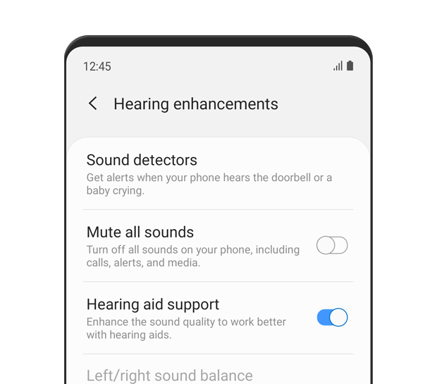 The 'Hearing enhancements' menu is displayed. Hearing aid support is turned 'on'. The description text reads: Enhance the sound quality to work better with hearing aids.