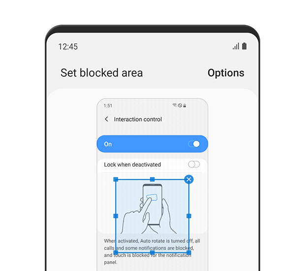 The 'Set blocked area' menu is displayed. Interaction control is turned 'on'.