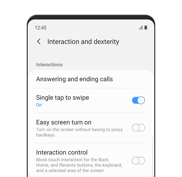The 'Interaction and dexterity' menu is displayed. Single tap to swipe is turned 'on'.