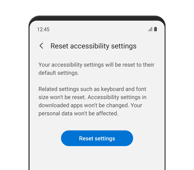 The 'Reset accessibility settings' menu is displayed. The Reset settings button is accompanied by the description text: Your accessibility settings will be reset to their default settings. Related settings such as keyboard and font size won't be reset. Accessibility settings in downloaded apps won't be changed. Your personal data won't be affected.