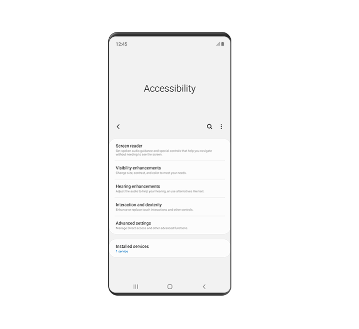 The 'Accessibility' menu is displayed. This includes options for 'Screen reader', 'Visibility enhancements', 'Hearing enhancements', 'Interaction and dexterity' and 'Advanced settings'.
