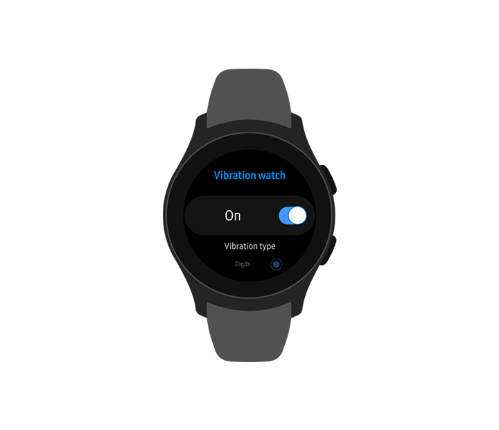 Galaxy Watch front view showing the Vibration watch menu option is being turned On.