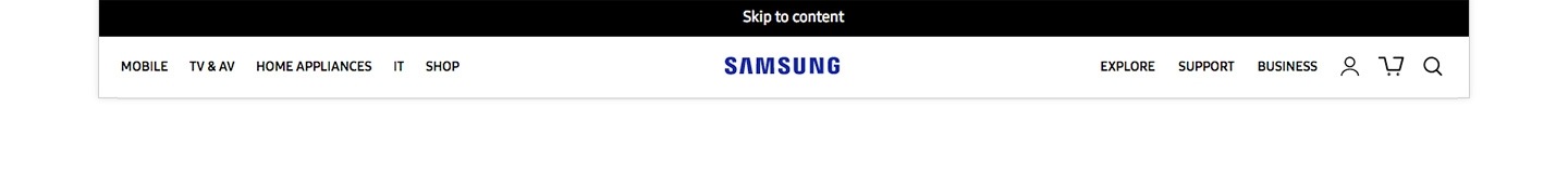 An image displaying a black 'Skip to content' bar is shown above the SAMSUNG logo on the GNB area after pressing the TAB key on samsung.com.