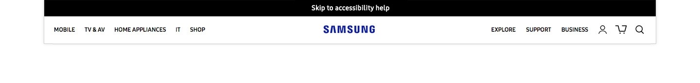 An image displaying a black 'Skip to accessibility help' bar is shown above the SAMSUNG logo on the GNB area after pressing the TAB key on samsung.com.