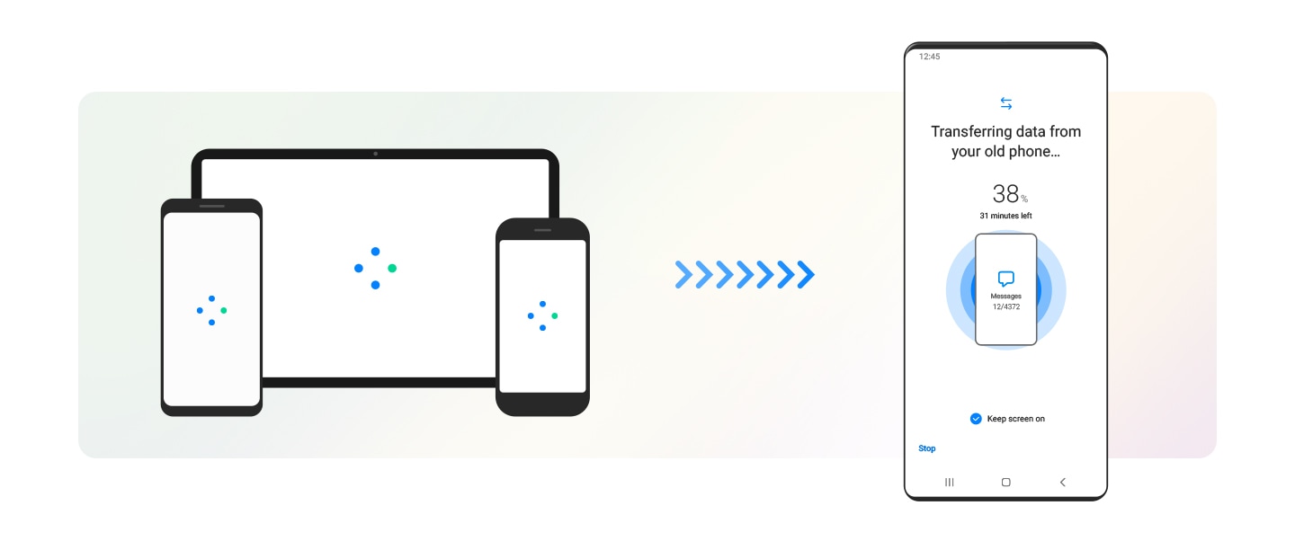On the left, a Galaxy smartphone, Galaxy tablet, and iphone show the loading symbol on their screens. Arrows directed toward the new Galaxy device on the right indicate that data is being transferred. The interface of the Galaxy device shows Smart Switch copying data from the old device, with progress indicated in percentage and minutes remaining.