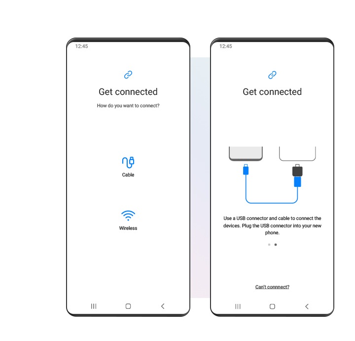 The “Get connected” portion of the Smart Switch interface is simulated on a Galaxy device. A GUI on the left shows the two available types of connections; cable or wireless. Another GUI on the right shows two smartphone devices connected via a USB cable and USB-C adapter.