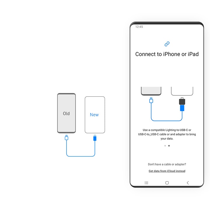 Two device icons are shown side-by-side with an arrow between them going from the left to the right device. Above the arrow is a WiFi symbol. The left Galaxy seems like an older model and the right seems like a newer model.