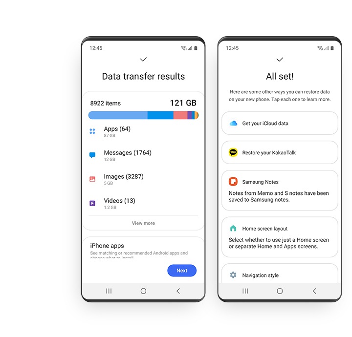 A GUI on the left shows the data transfer results, including the total number of items, gigabytes, and number of items by app that were transferred. Another GUI on the right recommends more options for data restoration.