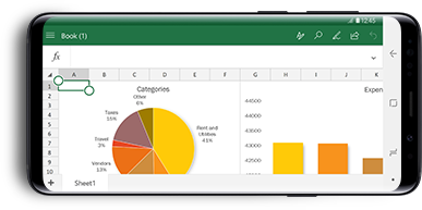 Galaxy S9 or S9+ with a spreadsheet on-screen sliding onto Samsung DeX Pad in front of a Samsung monitor