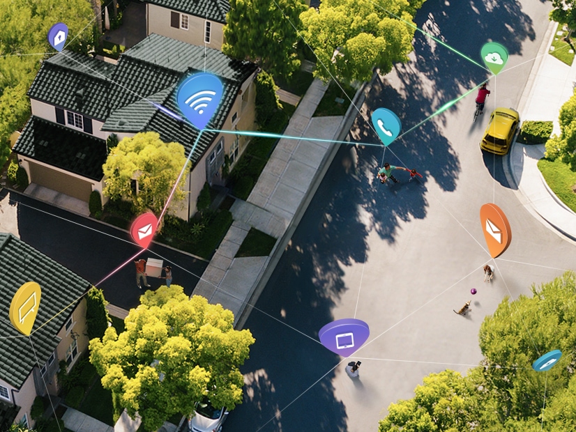 An aerial view of a city with markers throughout, showing the convenience of a connected life with IOT.