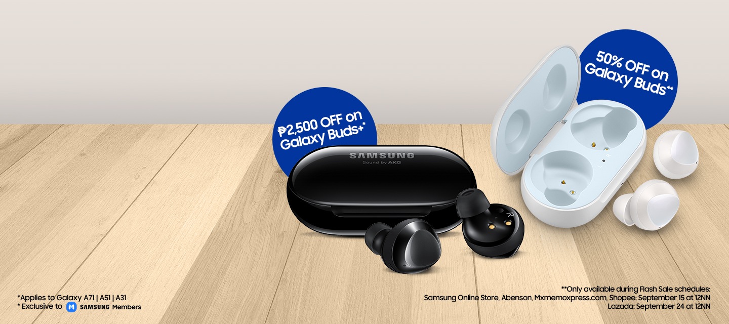 Enjoy up to 50% OFF on Galaxy Buds when you buy via Samsung Online Store or other Samsung-authorized Online Partners!