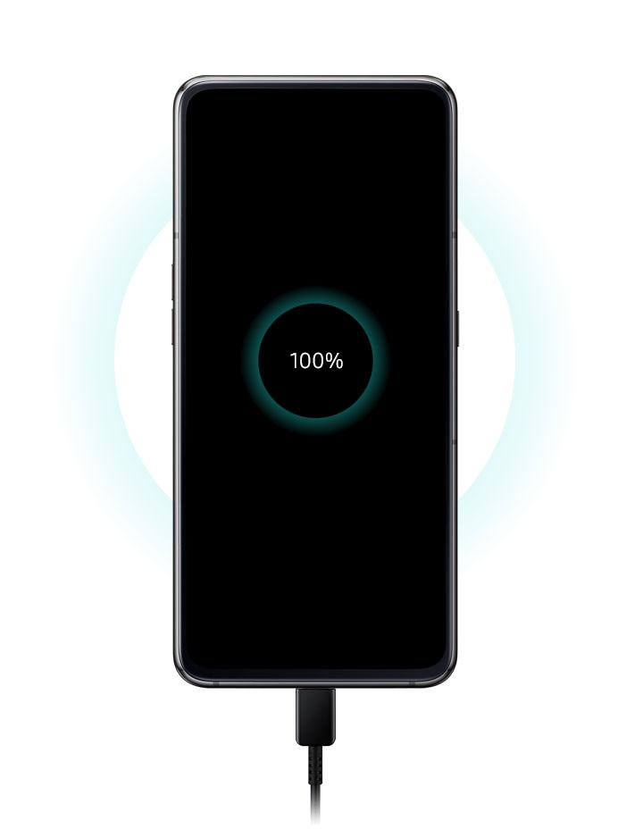 Galaxy A with a charger plugged in and already at 100%.