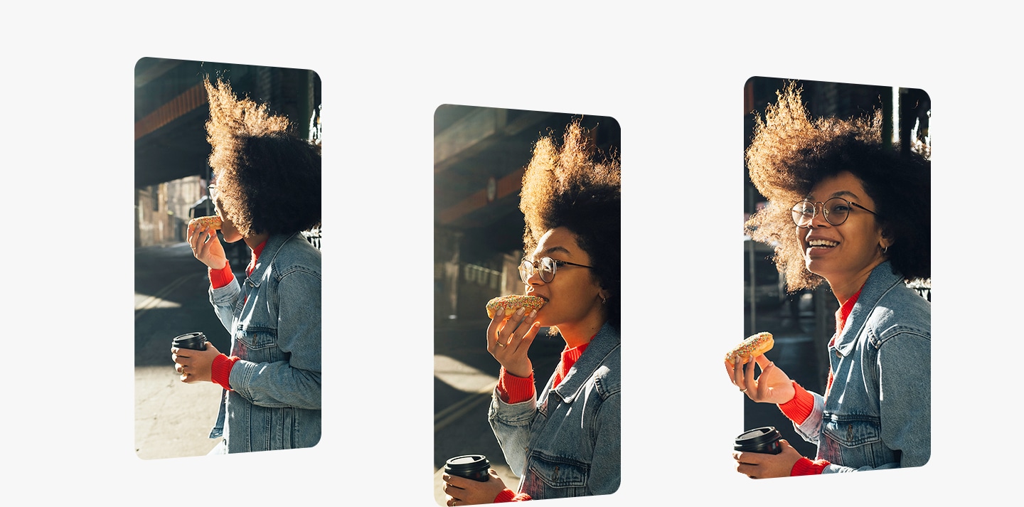 Three photos captured by Galaxy A show the moment a woman turns around as she bites her donut.