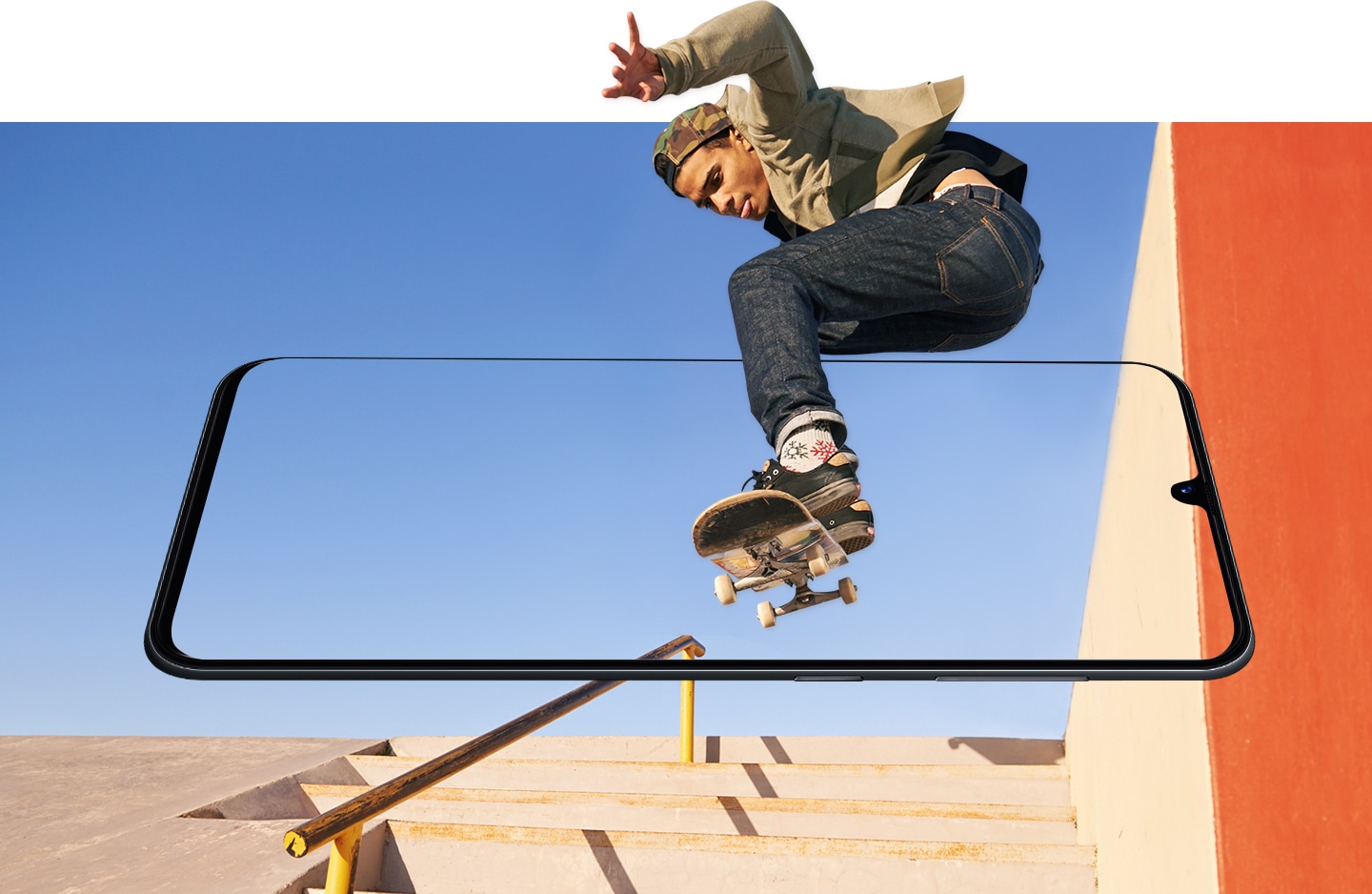 Simulated image of Galaxy A tilted forward and blending in with the skatepark background as a skateboarder jumps mid-air to show how the screen brings everything to life.