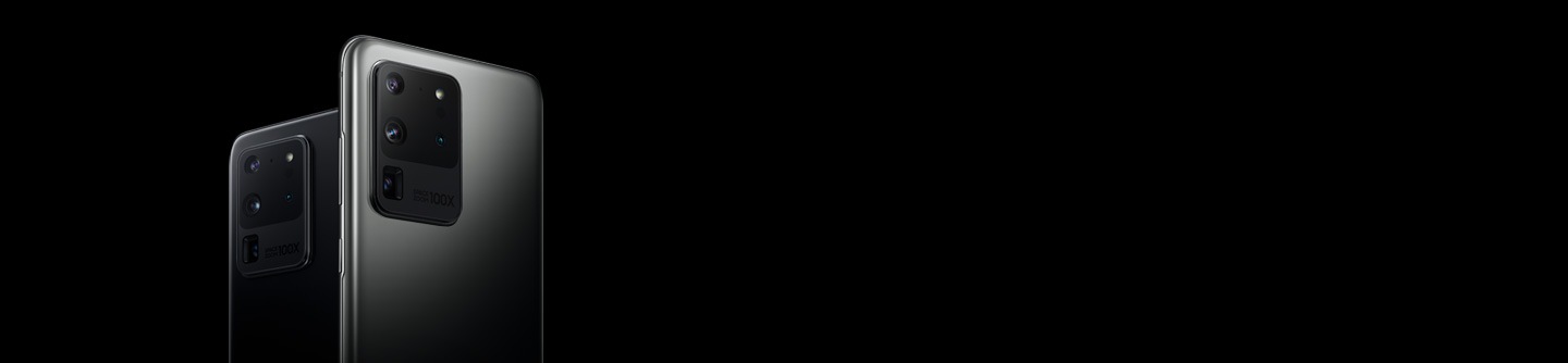 Two Galaxy S20 Ultra phones, one in Cosmic Black, one in Cosmic Gray, seen from the rear at three-quarter angles.