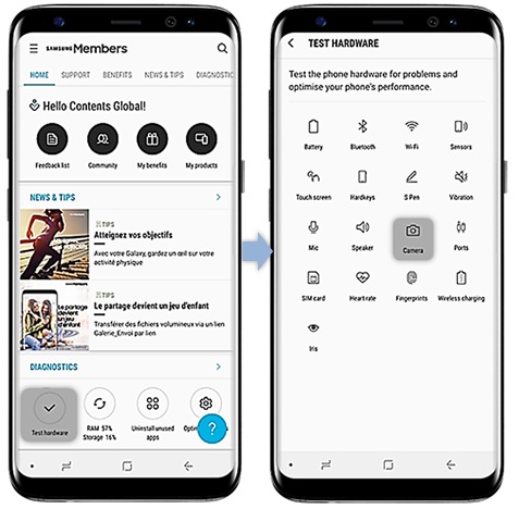 Launch Samsung Members > Tap Test Hardaware> Tap Camera