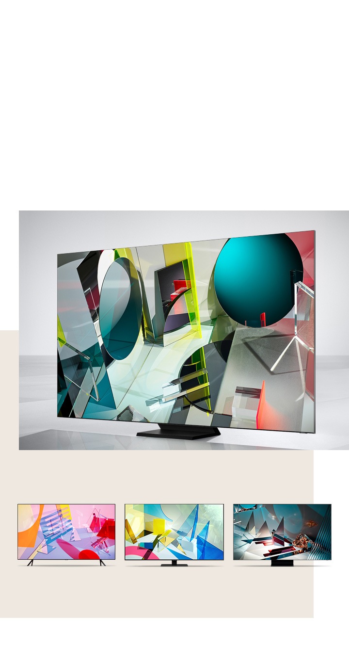 Various Samsung QLED TV models, including Q60T, Q80T, Q800T, and Q950T, are showing clear picture quality.