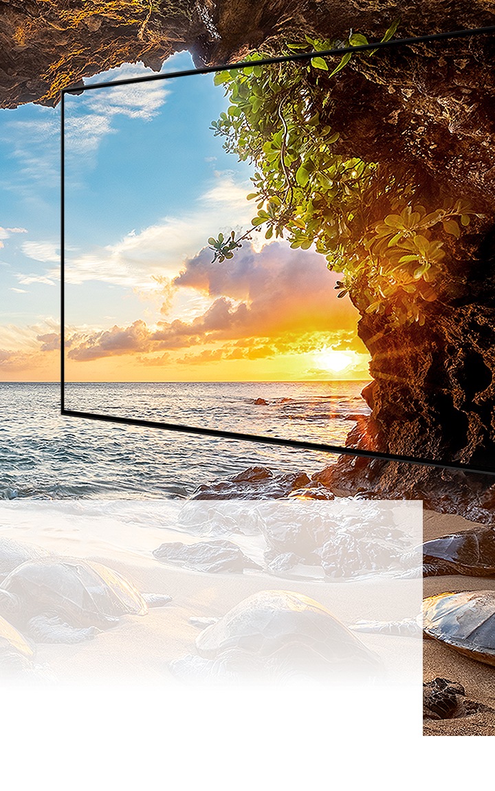 An HDR TV is shown every detail on the TV screen with HDR images by displaying an ocean shore scene with the sun rising in the horizon as seen from within a cave opening.