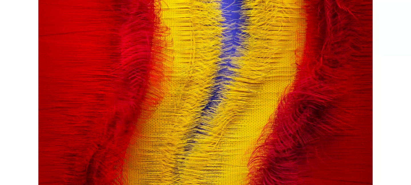 A video is showing by multiple layers of primary colored burlap material being torn down the middle. It then shows QLED contrast ratio through various primary colors of paint being splashed with black background.
